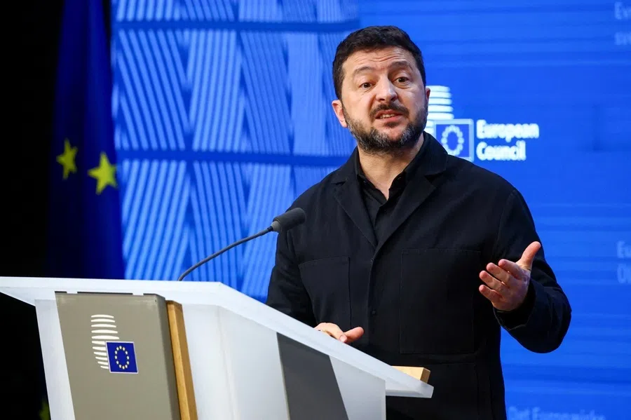 Ukrainian President Volodymyr Zelenskyy speaks during a press conference at a European Union leaders' summit in Brussels, Belgium, on 16 October 2026.