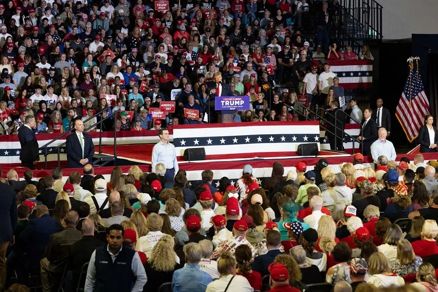 Former US President Donald Trump speaks during a 'Get Out The Vote' rally in Conway, South Carolina, US, on 10 February 2024. (Andrew Sherman/Bloomberg)