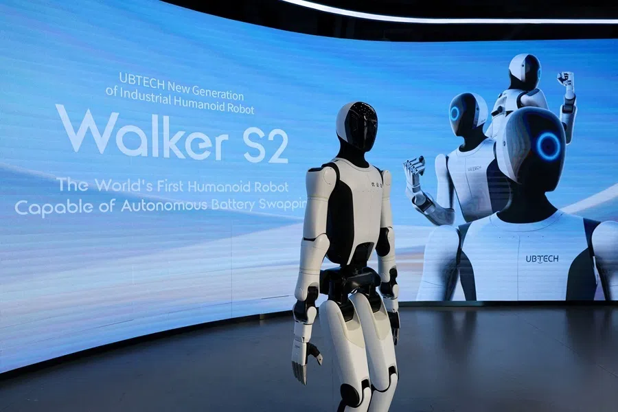 A humanoid robot stands at a UBTECH showroom in Shenzhen, Guangdong province, China, on 16 April 2026.