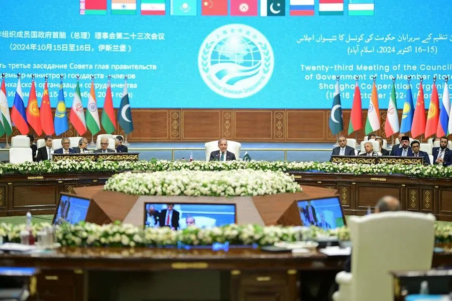 Pakistan’s Prime Minister Shehbaz Sharif addressing the Shanghai Cooperation Organisation (SCO) summit in Islamabad on 16 October 2024. (Pakistan’s Press Information Department (PID)/AFP)