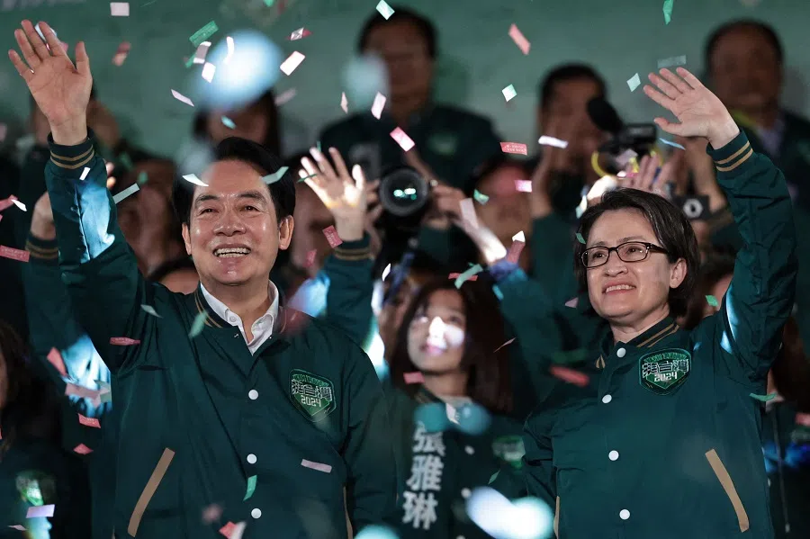 Taiwan's President-elect Lai Ching-te (left) and his running mate Hsiao Bi-khim attend a rally outside the headquarters of the Democratic Progressive Party (DPP) in Taipei, Taiwan on 13 January 2024, after winning the presidential election. (Yasuyoshi Chiba/AFP)