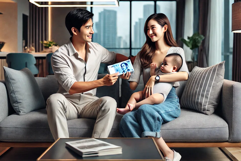 A husband hands over his salary to his wife.  (Image generated by Yi Jina with assistance from ChatGPT)