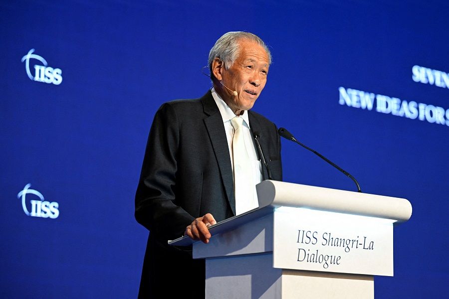 Singapore's Defence Minister Ng Eng Hen speaks at a plenary session during the 19th Shangri-La Dialogue in Singapore, 12 June 2022. (Caroline Chia/Reuters)