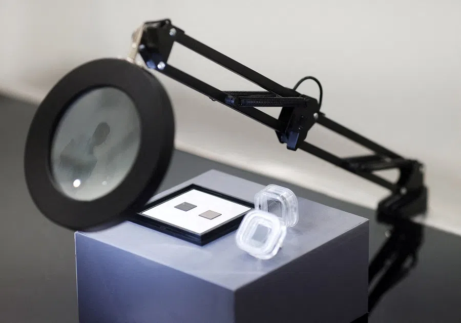 Silicon Box’s chiplets are displayed during the opening of their advanced semiconductor manufacturing foundry in Singapore on 20 July 2023. (Edgar Su/Reuters)