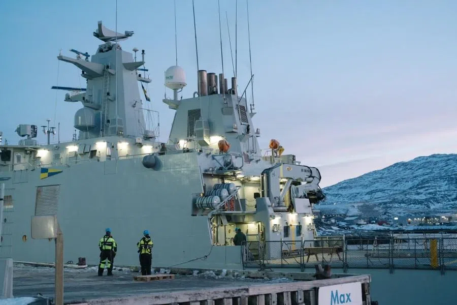 A Royal Danish Navy patrol vessel in the harbor in Nuuk, Greenland, on 29 January 2026. (Juliette Pavy/Bloomberg)