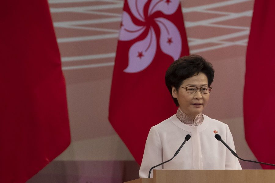 Carrie Lam, Hong Kong's chief executive, speaks during a ceremony to mark the 23rd anniversary of Hong Kong's return to Chinese rule in Hong Kong, China, on 1 July 2020. (Paul Yeung/Bloomberg)