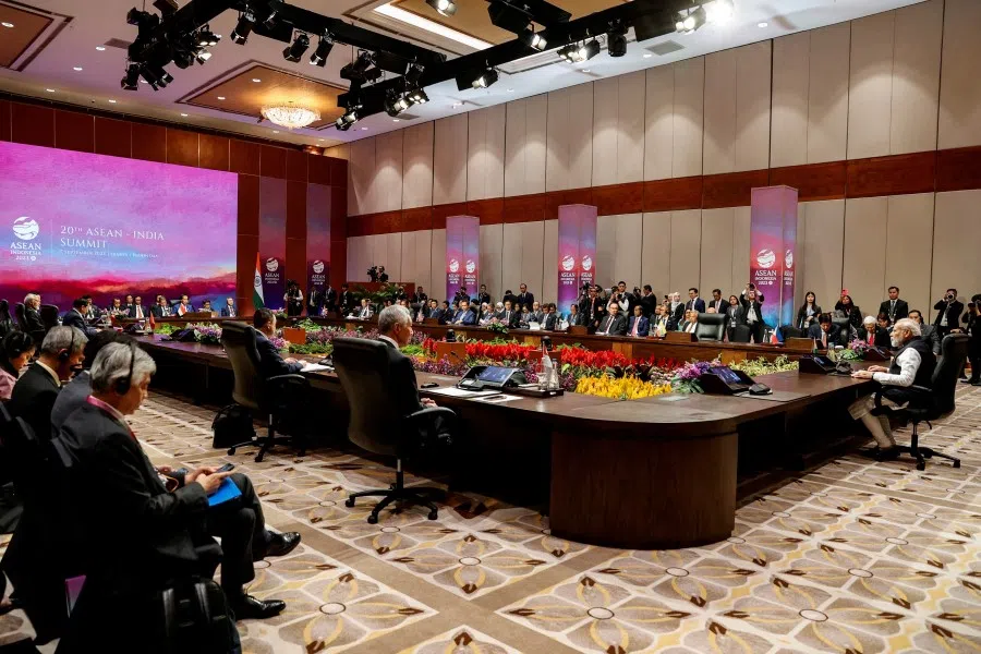 India's Prime Minister Narendra Modi delivers his remarks during a plenary session of the ASEAN-India Summit in Jakarta, Indonesia, on 7 September 2023. (Willy Kurniawan/Pool/Reuters)
