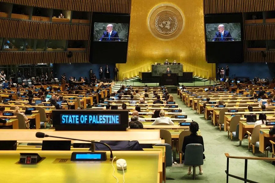Israeli Prime Minister Benjamin Netanyahu speaks during the 79th Session of the United Nations General Assembly at the United Nations headquarters in New York City on 27 September 2024. (Charly Triballeau/AFP)