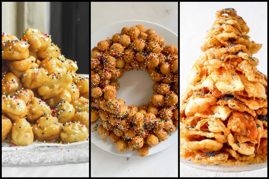 (From left) Pignolata, struffoli and skruzdelynas. (Internet)