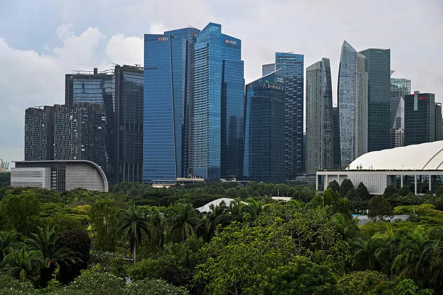 Commercial buildings are pictured from the Supertree skywalk at Gardens by the Bay in Singapore on 8 March 2024. (Mohd Rasfan/AFP)