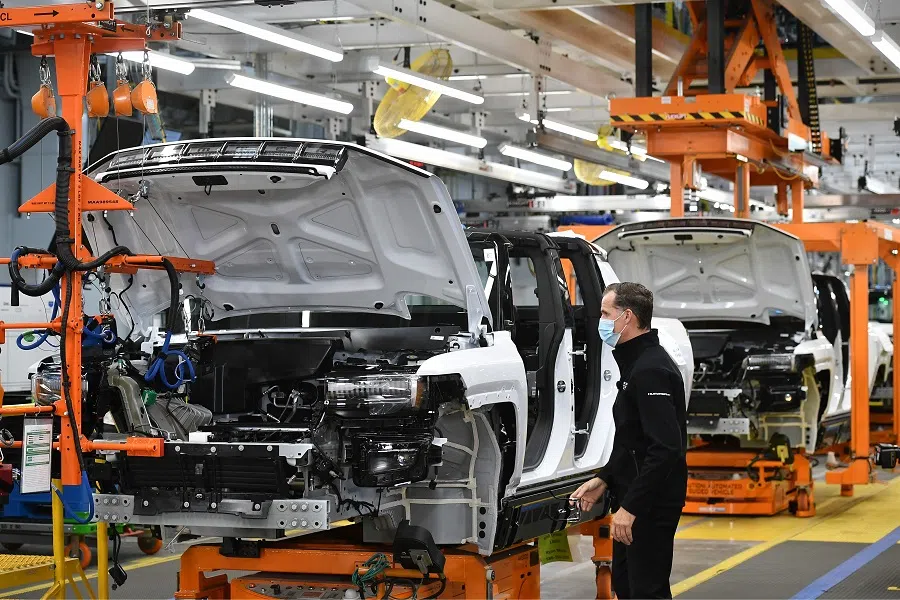 GMC Hummer EVs on an assembly line at the General Motors Factory ZERO electric vehicle assembly plant in Detroit, Michigan. (Mandel Ngan/AFP)