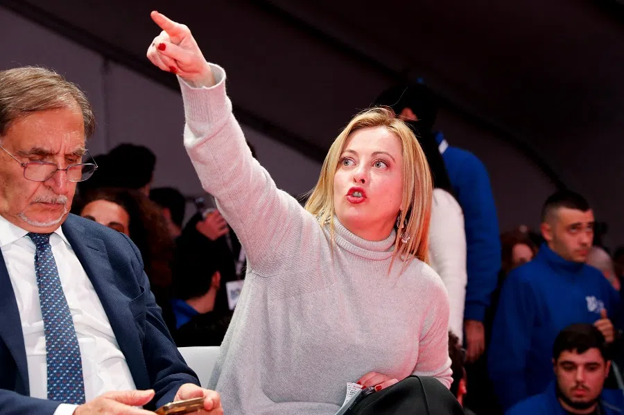 Italian Prime Minister and leader of Brothers of Italy party Giorgia Meloni gestures as she attends an event to mark the 10th anniversary of the foundation of Brothers of Italy party in Rome, Italy, 17 December 2022. (Remo Casilli/Reuters)