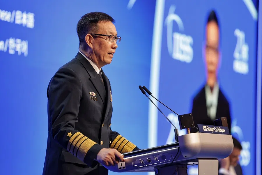 Admiral Dong Jun, China’s defence minister, speaking at the fifth plenary session of the Shangri-la Dialogue on 2 June 2024 in Singapore. (SPH Media)