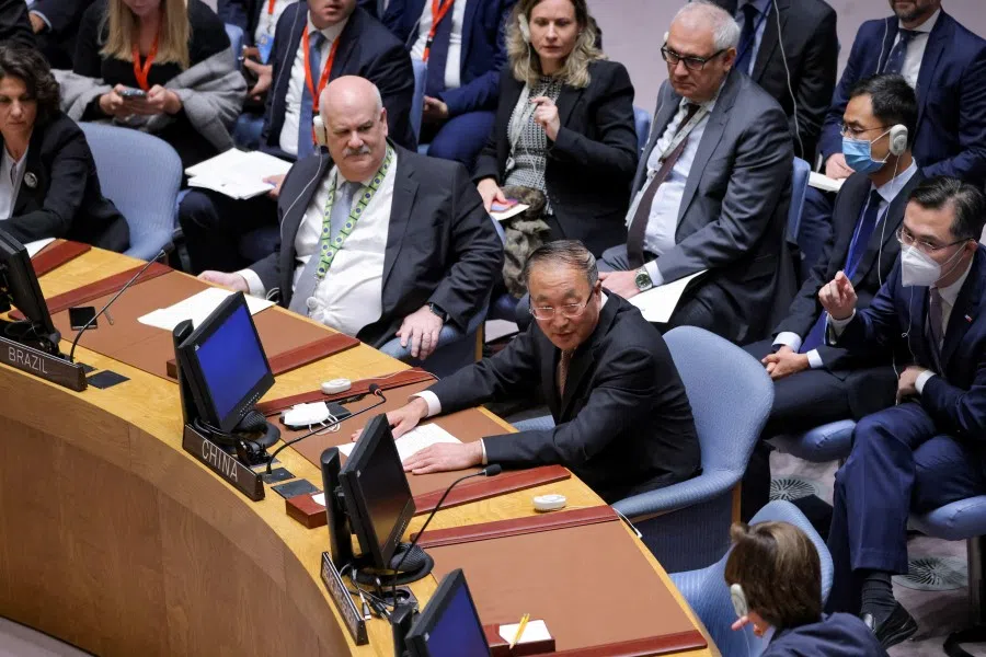 China's Ambassador to the United Nations Zhang Jun addresses the Security Council following the vote on a resolution condemning the referendums on annexing several Russia-occupied regions of Ukraine, as they convene at the request of Russia to discuss damage to two Russian gas pipelines to Europe in New York, US, 30 September 2022. (Andrew Kelly/Reuters)