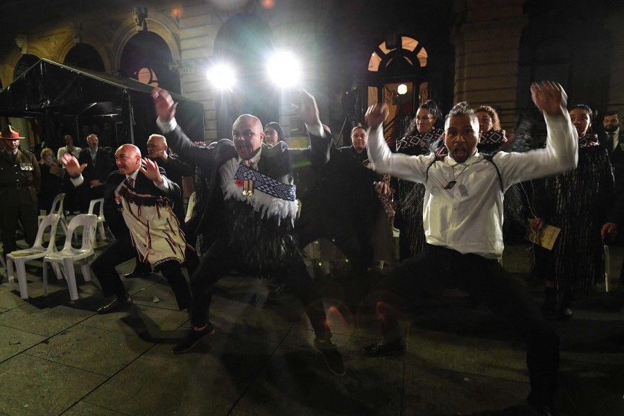 Maori servicemen perform traditional Haka at the Anzac Day dawn service in Sydney on 25 April 2021. (Saeed Khan/AFP)
