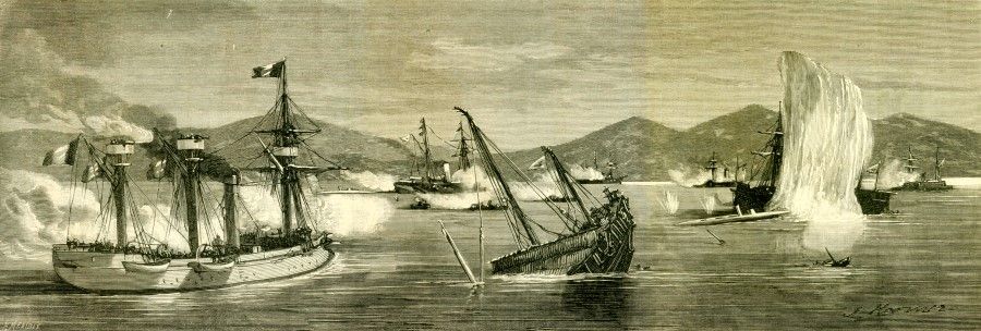 An image from French publication L'Illustration in December 1884, showing French vessels attacking the Fujian Fleet in Mawei harbour.