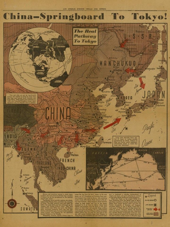 In 1943, the Los Angeles Evening Herald and Express published a map of the Far East theatre, titled "China - Springboard To Tokyo". The red arrows show the Allied troops fighting in northern Burma and southwest China, and about to advance on Japanese islands. At the time, the China-Burma-India theatre was the main war zone in the Pacific theatre, and the Allies had high hopes in the region.