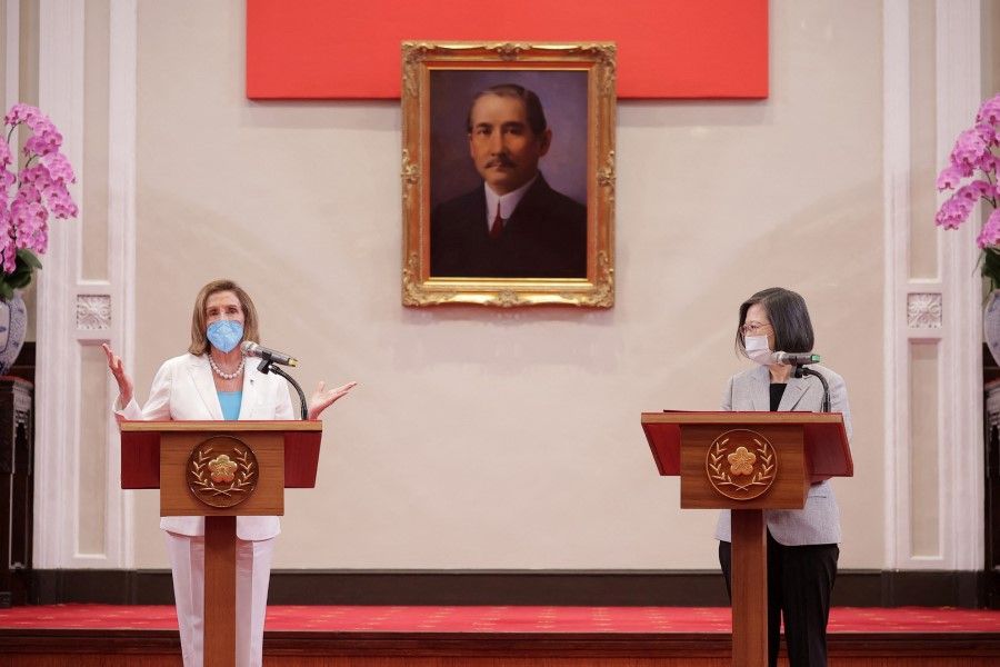 US House of Representatives Speaker Nancy Pelosi speaks at a news conference with Taiwan President Tsai Ing-wen at the presidential office in Taipei, Taiwan, 3 August 2022. (Taiwan Presidential Office/Handout via Reuters)