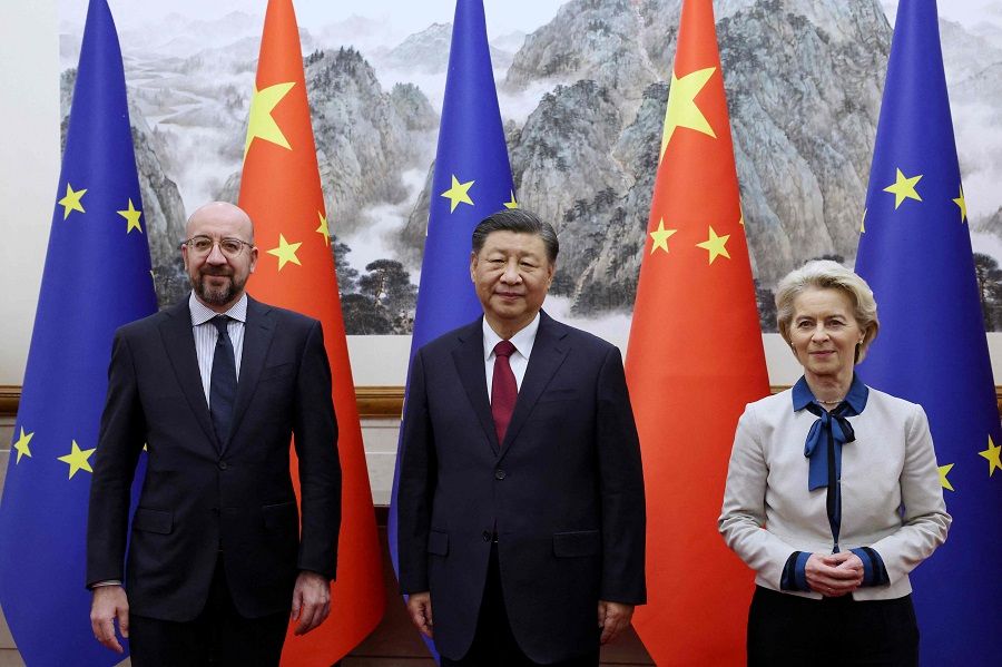 This handout photo taken and released by the European Council Press Service on 7 December 2023 shows Chinese President Xi Jinping (centre) receiving European Commission President Ursula von der Leyen (right) and European Council President Charles Michel ahead of the 24th EU-China Summit in Beijing, China. (Dario Pignatelli/European Council Press Service/AFP)