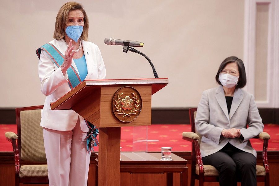 US House Speaker Nancy Pelosi (left) with Taiwan's President Tsai Ing-wen (right) in the Presidential Office in Taipei, Taiwan. (Handout/Taiwan Presidential Office/AFP)
