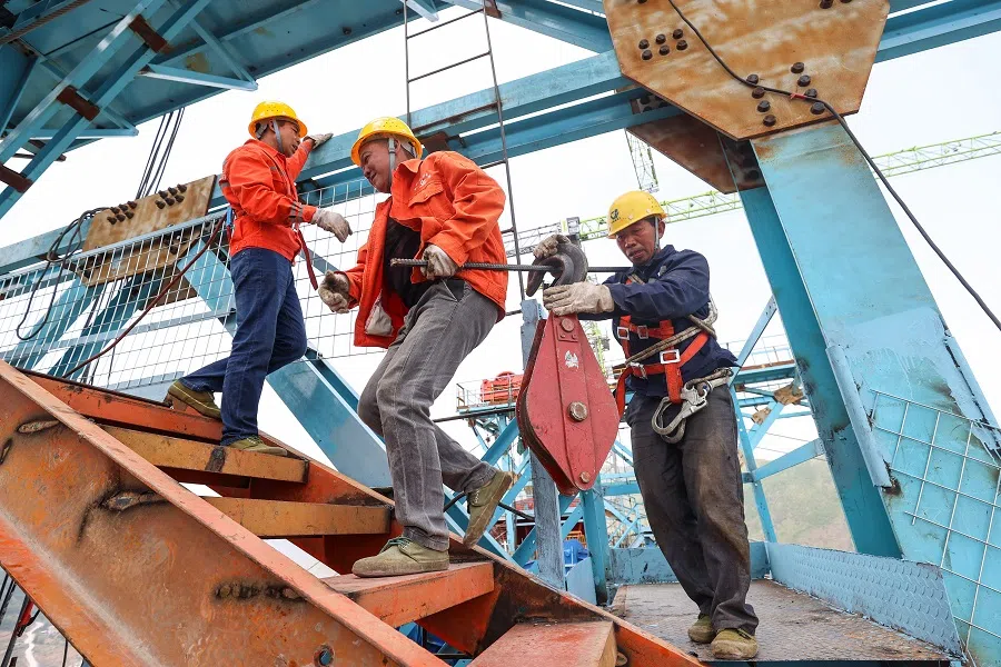 Construction is underway at the Zangkejiang Bridge in Guizhou province, China, 1 May 2023. (CNS)
