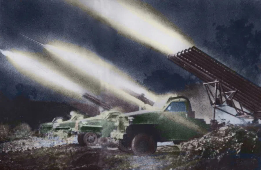 Volunteer troops firing an 82-mm Katyusha rocket launcher, 1951. This was a weapon that was mass-produced by the Soviet Union to be used against the German army during World War II.
