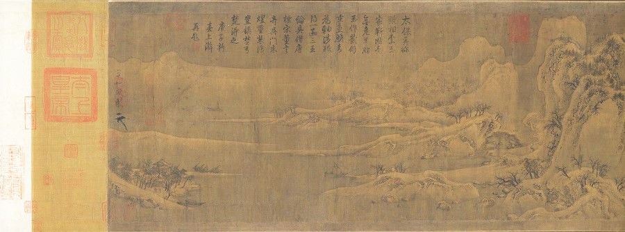 Another work that Zhang Boju donated to the country: Emperor Huizong of Song (Zhao Ji), Returning Boats on a Snowy River (《雪江归棹图》), partial, The Palace Museum. (Internet)