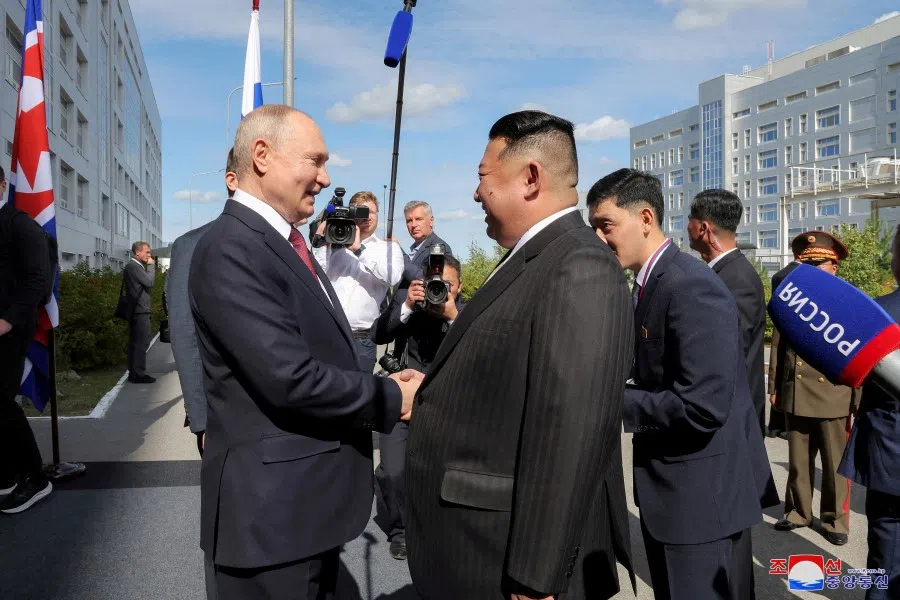 North Korean leader Kim Jong-un meets Russia's President Vladimir Putin at the Vostochny Cosmodrome in the Amur Oblast of the Far East Region, Russia, on 13 September 2023 in this image released by North Korea's Korean Central News Agency. (Korean Central News Agency via Reuters)