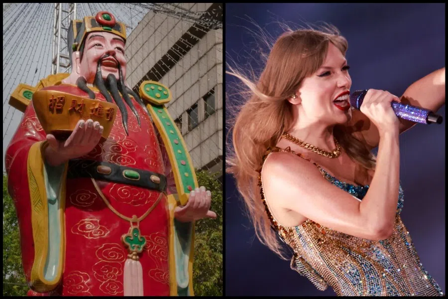 The God of Wealth at Waterloo Street in Singapore (left); Taylor Swift at her Eras Tour in California, 7 August 2023. (Screen shot from Washington Post; Michael Tran/AFP)