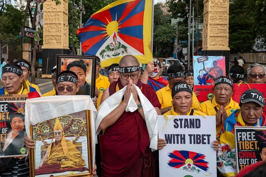 Tibetan refugees take part in a peace march protesting against China's “Ethnic Unity and Progress” law in Mumbai on 2 August 2026.