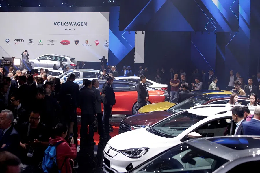 New cars are displayed at a Volkswagen Group's media event ahead of the Beijing Auto Show in Beijing, China, on 24 April 2018. (Jason Lee/Reuters)