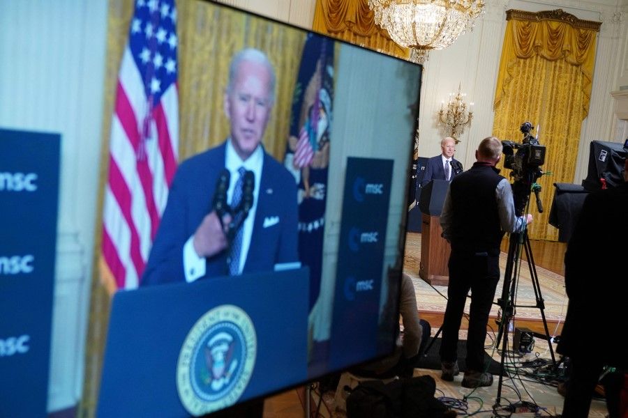 US President Joe Biden speaks virtually from the East Room of the White House in Washington, DC, to the Munich Security Conference in Germany, on 19 February 2021. (Mandel Ngan/AFP)