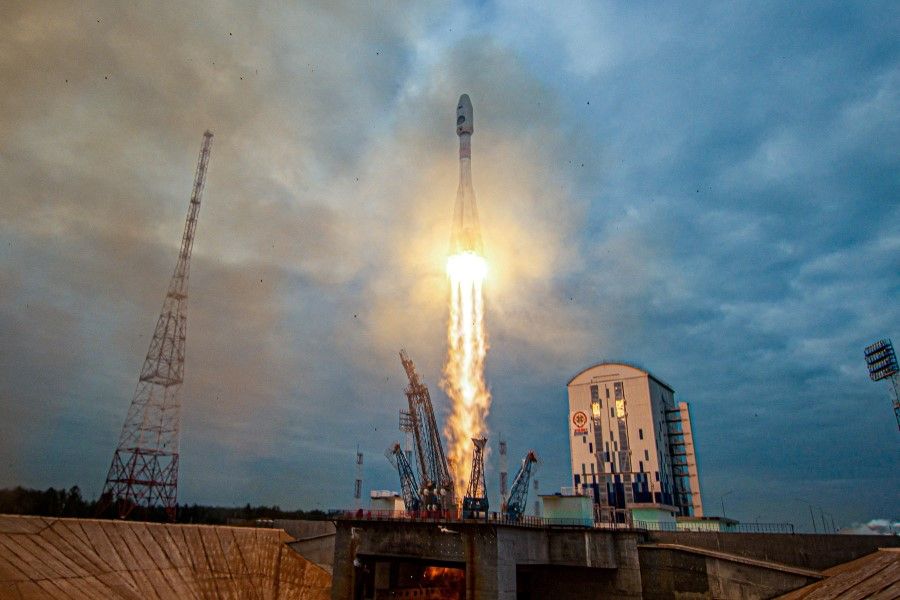 A Soyuz-2.1b rocket booster with a Fregat upper stage and the lunar landing spacecraft Luna-25 blasts off from a launchpad at the Vostochny Cosmodrome in the far eastern Amur region, Russia, on 11 August 2023. (Roscosmos/Vostochny Space Centre/Handout via Reuters)