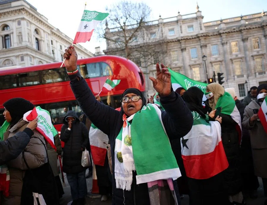 People from Somaliland attend a rally outside Downing Street calling on the UK to recognise the Republic of Somaliland, after Israel became the first country to formally recognise the self‑declared Republic of Somaliland as an independent and sovereign state in East Africa, in London, Britain, on 14 January 2026. (Isabel Infantes/Reuters)