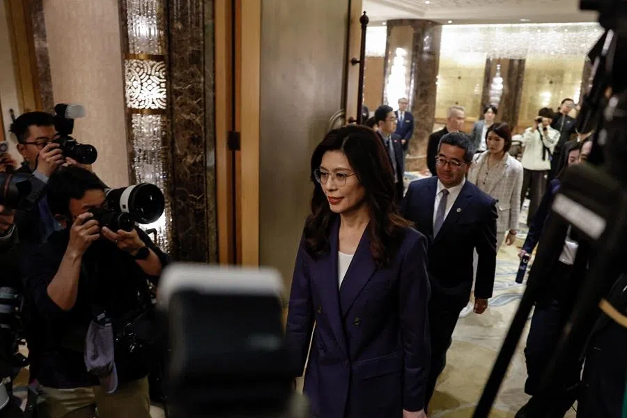 Cheng Li-wun, chairperson of the Kuomintang (KMT), Taiwan's largest opposition party, walks to attend a press conference following her meeting with Chinese President Xi Jinping, in Beijing, China, on 10 April 2026. (Tingshu Wang/Reuters)
