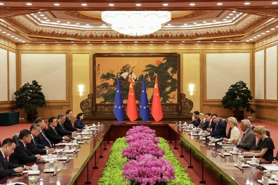 Chinese President Xi Jinping listens to President of the European Council, Antonio Costa, in presence of President of the European Commission, Ursula von der Leyen, and High Representative for Foreign Affairs and Security Policy and Vice-President of the European Commission Kaja Kallas during the opening remarks of the 25th EU-China summit at the Great Hall of the People in Beijing, China, on 24 July 2025. (Andres Martinez Casares/Reuters)