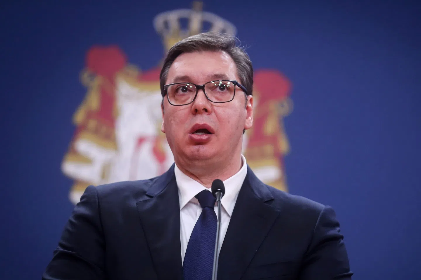 Serbian President Aleksandar Vučić addresses the public on 15 March 2020, in Belgrade. He had declared a state of emergency on 15 March to stop the spread of Covid-19. (Oliver Bunic/AFP)
