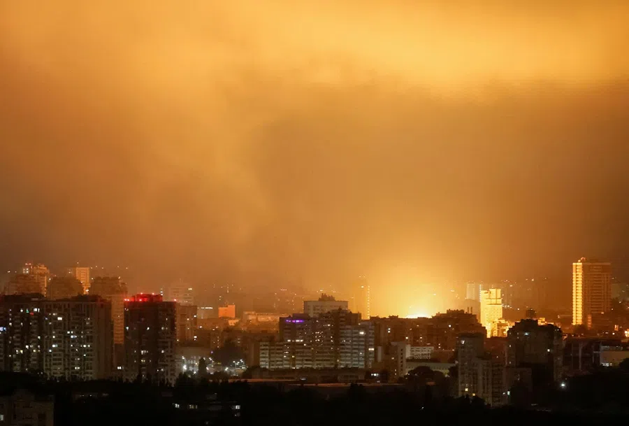 An explosion of a drone lights up the sky over the city during a Russian drone strike, amid Russia’s attack on Ukraine, in Kyiv, Ukraine, on 30 July 2025. (Gleb Garanich/Reuters)