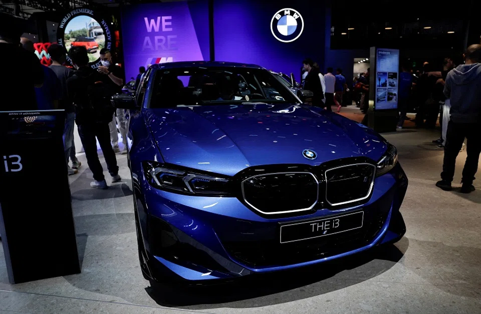 The BMW i3 electric vehicle is displayed at the Beijing International Automotive Exhibition, or Auto China 2024, in Beijing, China, 25 April 2024. (Tingshu Wang/Reuters)