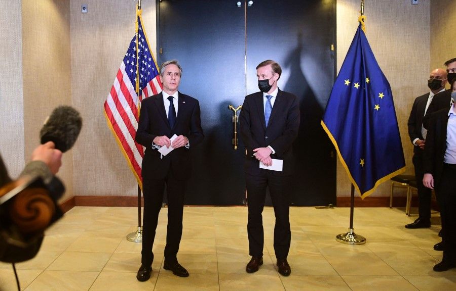 US Secretary of State Antony Blinken (left) and national security adviser Jake Sullivan address the media following the closed-door morning talks between the US and China upon conclusion of their two-day meetings in Anchorage, Alaska on 19 March 2021. (Frederic J. Brown/AFP)