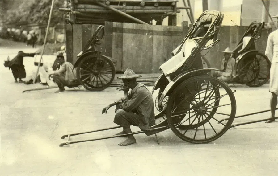 A pedal rickshaw on a street in Guangzhou in the 1930s.