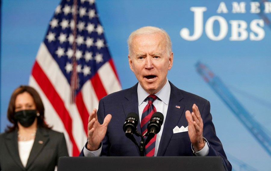 US President Joe Biden speaks about jobs and the economy at the White House in Washington, US, 7 April 2021. (Kevin Lamarque/Reuters)