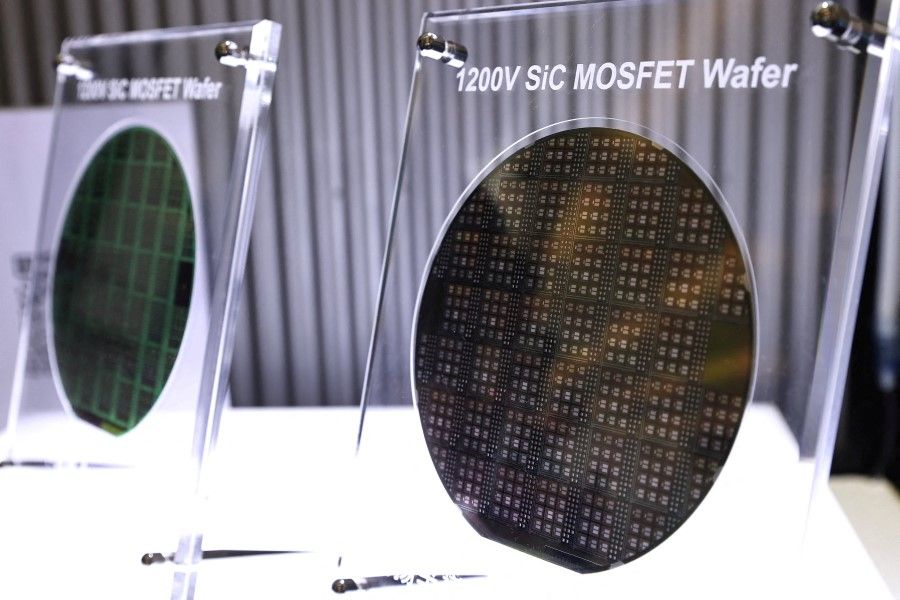 A view of a wafer on display during Foxconn's annual Tech Day in Taipei, Taiwan, 18 October 2022. (Ann Wang/Reuters)