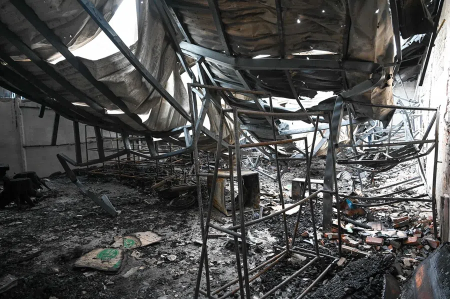 The interior of a damaged building is seen at a village near the Cambodia-Thailand border in Oddar Meanchey province on 30 July 2025. (Tang Chhin Sothy/AFP)