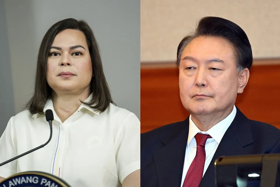 Sara Duterte (left), the Philippine vice-president, during a news conference in Mandaluyong, Metro Manila, the Philippines, on 7 February 2025 (Lisa Marie David/Bloomberg); and South Korea’s impeached president Yoon Suk-yeol attending the fifth hearing of his impeachment trial over his short-lived imposition of martial law at the Constitutional Court in Seoul on 4 February 2025. (Jung Yeon-je/Pool via Reuters)