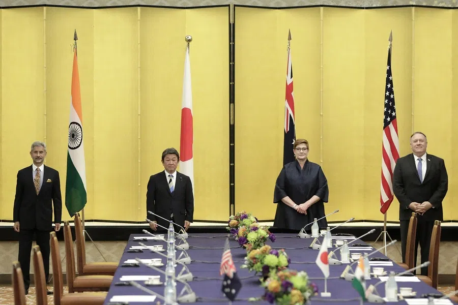 Subrahmanyam Jaishankar, India’s foreign minister, from left, Toshimitsu Motegi, Japan’s foreign minister, Marise Payne, Australia’s foreign minister, and Michael Pompeo, US secretary of state, pose for a photograph prior to the Quadrilateral Security Dialogue (Quad) ministerial meeting in Tokyo, Japan, on 6 October 2020. (Kiyoshi Ota/Bloomberg)
