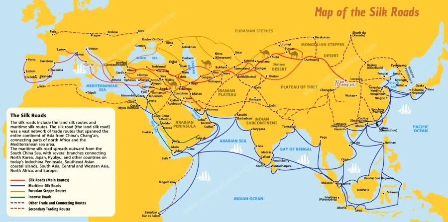 Map 1: Map of the Silk Roads. (Source: https://www.chinadiscovery.com/china-silk-road-tours/maps.html)