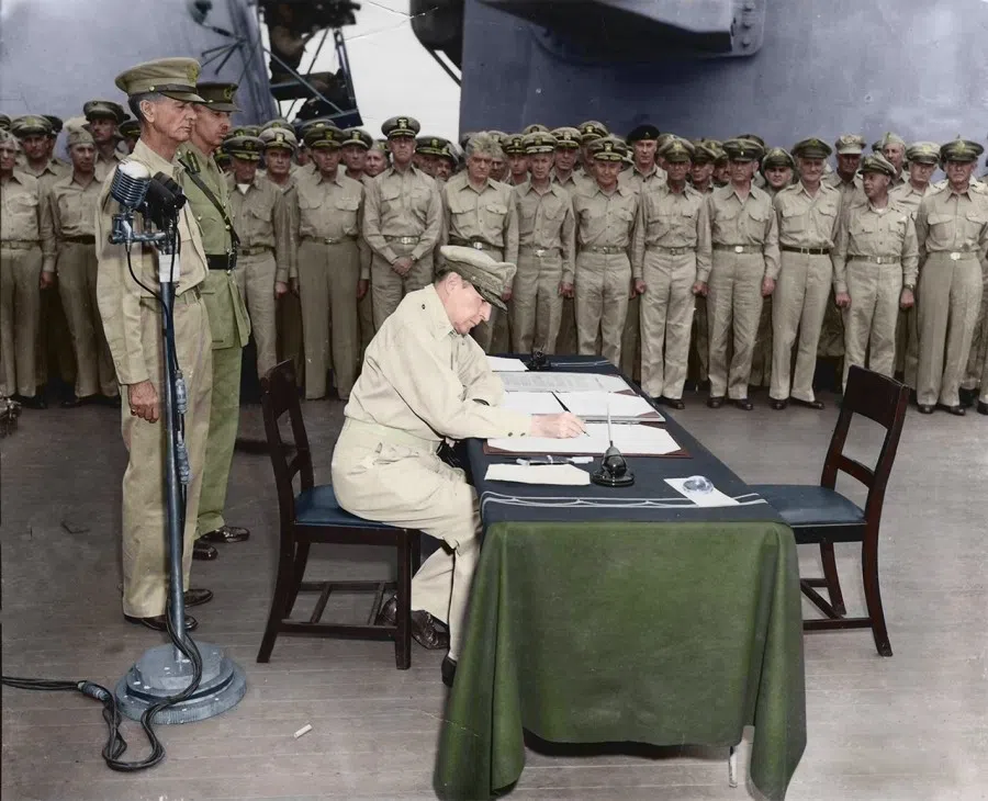 On 3 September 1945, General Douglas MacArthur accepted Japan’s surrender aboard the USS Missouri.