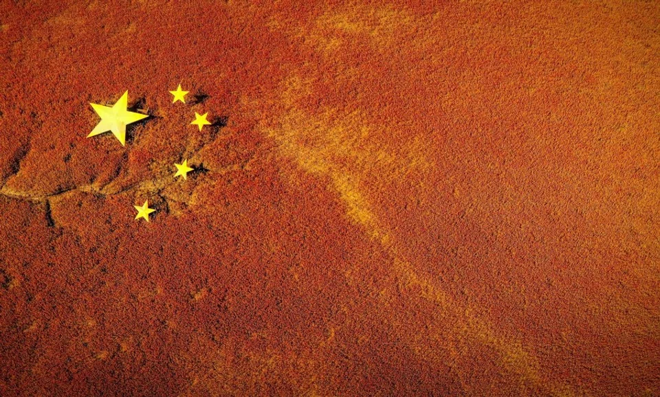 This aerial photo shows stars on the red beach caused by the red plant of Suaeda salsa forming a national flag in Panjin, in China's northeastern Liaoning province on 7 August 2020. (STR/AFP)