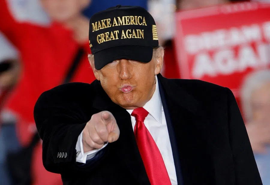 Republican presidential nominee and former US President Donald Trump points a finger as he speaks during his rally in Kinston, North Carolina, US, on 3 November 2024.
